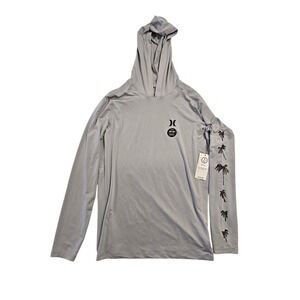 Hurley Mens Gray UPF 50+ Long Sleeve Sun Shirt Hooded Rash Guard Palm Tree Logo